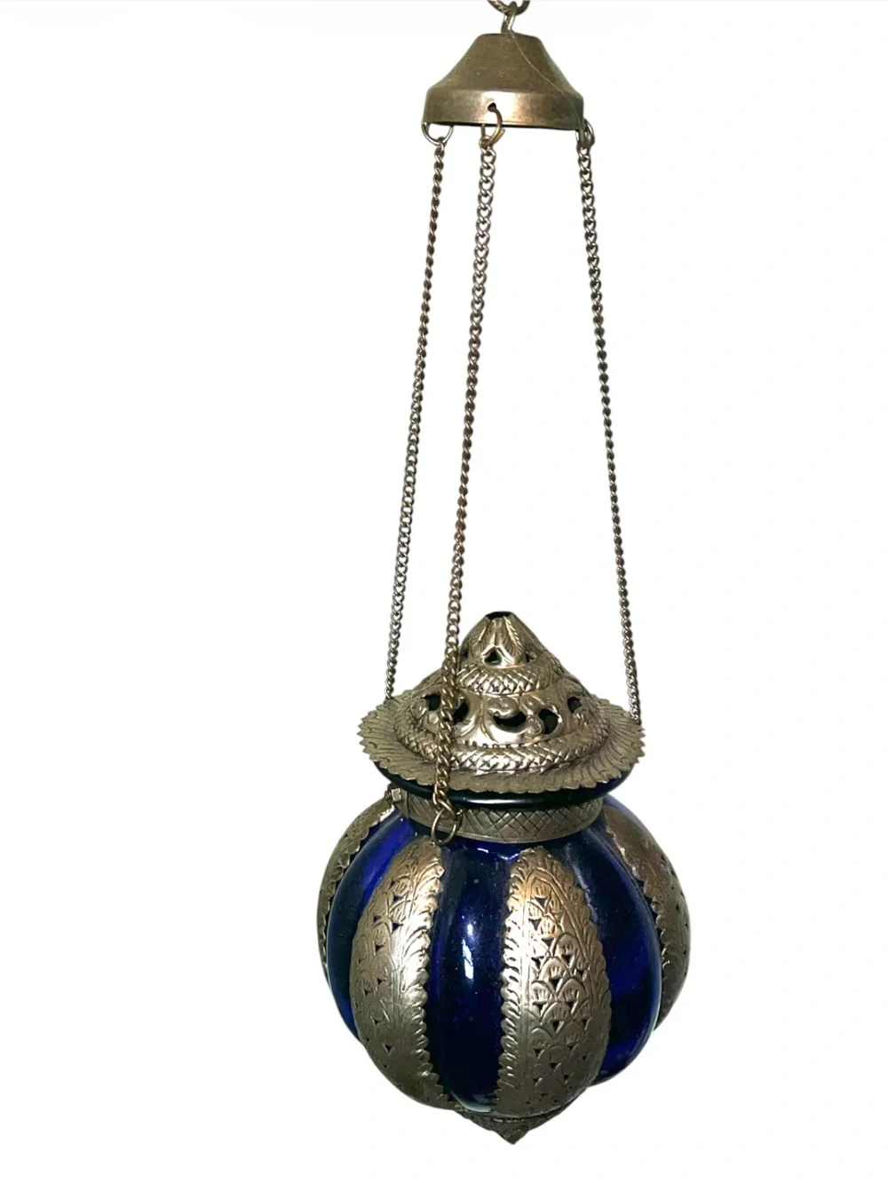 Moroccan-Style Hanging Lantern - Cobalt Blue and Brass